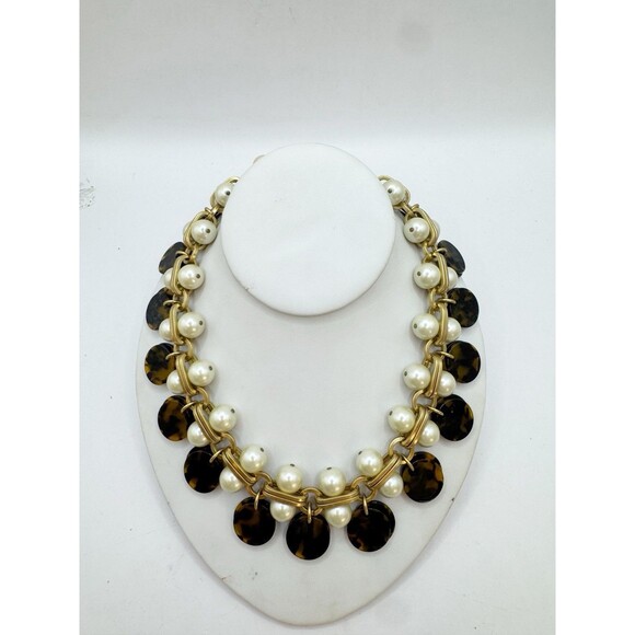 J. Crew Faux Pearl Chunky Necklace Tortoise Shell Dangles Brushed Gold Tone - Picture 3 of 8